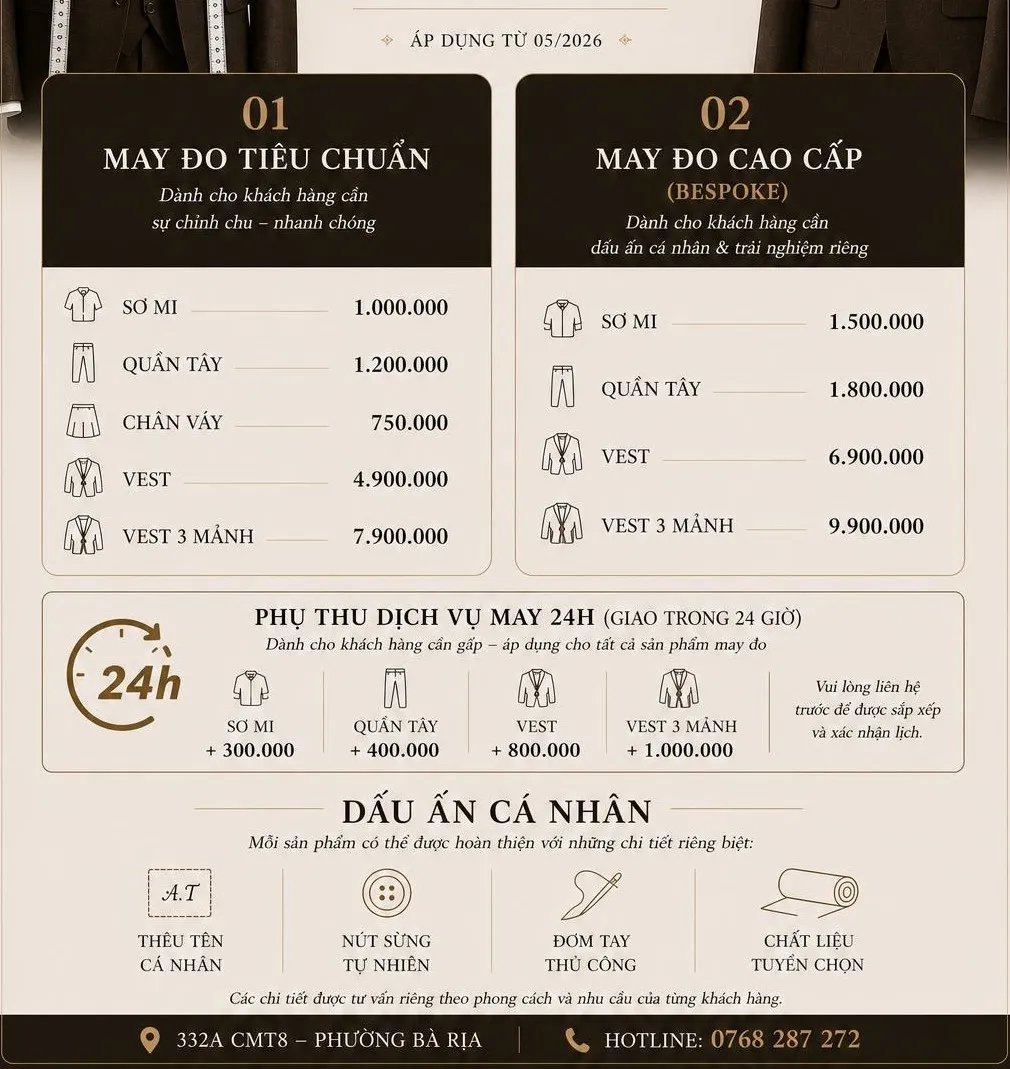 Bảng giá chi tiết nhà may The Classic Tailor