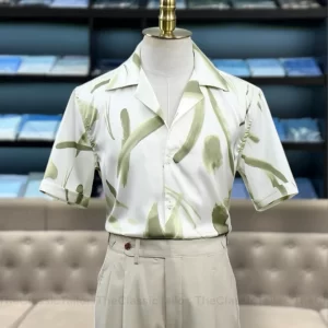 Áo sơ mi nam ngắn tay – Dáng rộng Hàn Quốc, cổ Cuba họa tiết vintage, màu xanh mơ (hạnh xanh), phong cách retrovintage hè cá tính
