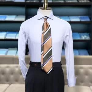 Áo sơ mi nam dài tay dáng ôm – Phong cách Old Money, màu xám quý tộc, cổ bo tròn, chất cotton cao cấp kiểu Ý